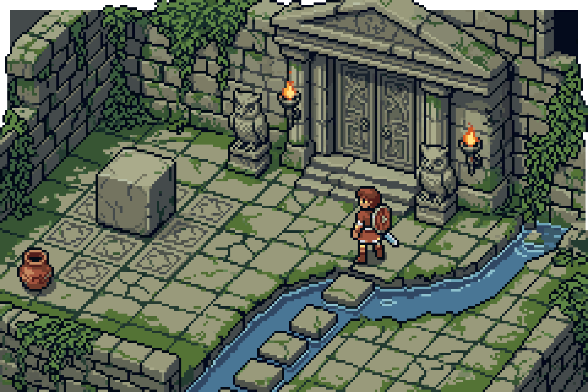Pixel art: an adventurer with a sword and shield stands before a vine-covered temple door, beside a stream with stepping stones.