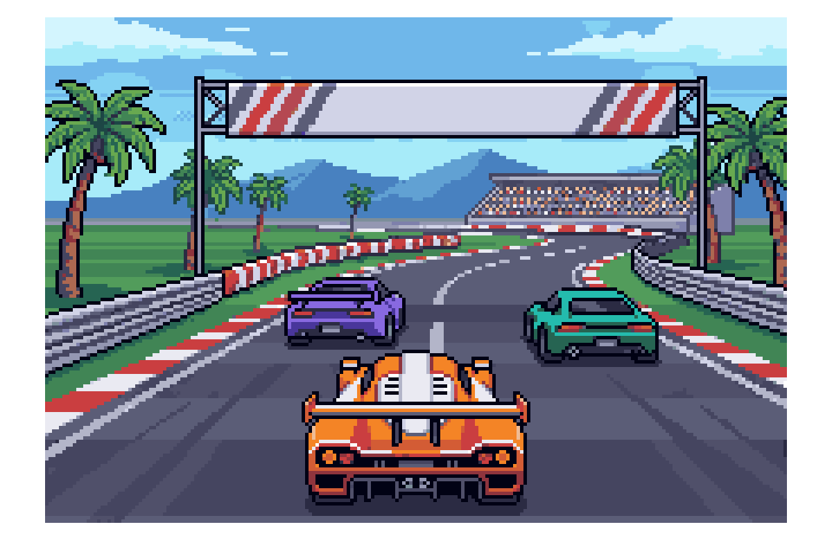 Pixel art: an orange race car leads a purple and a teal car along a palm-lined circuit towards the grandstand.